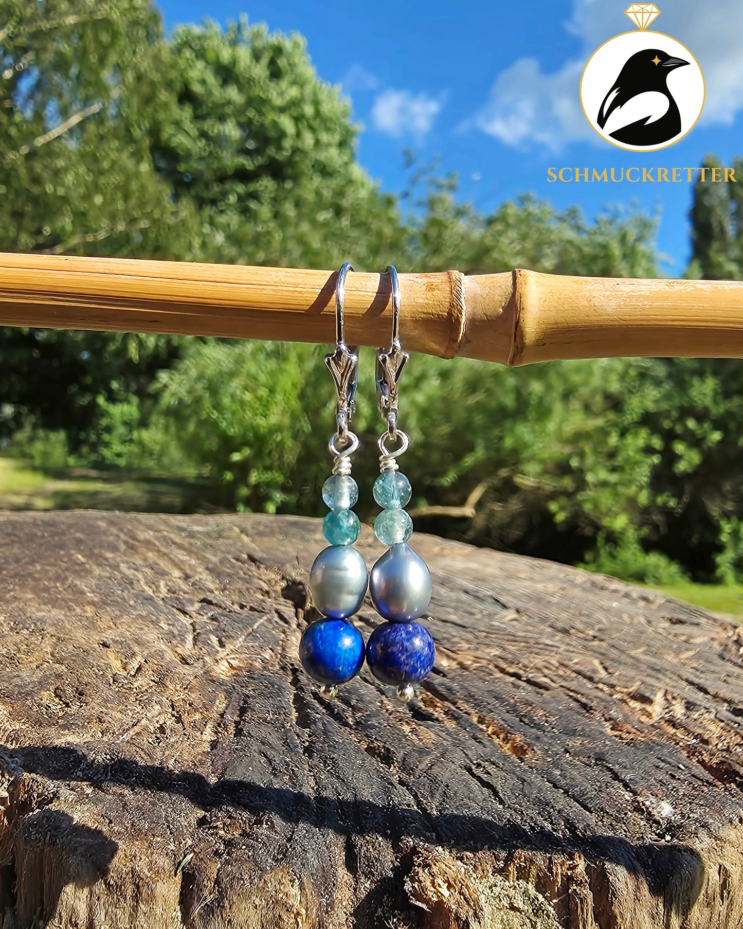 Santorini · 925 Silber Ohrringe mit blauem Turmalin, Lapislazuli & Perle