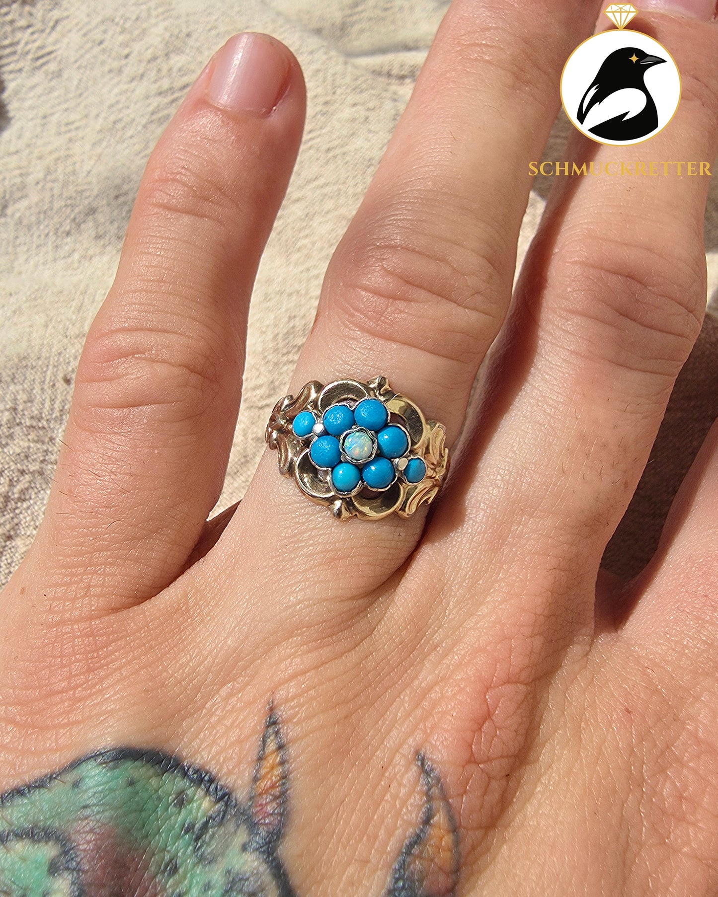 Antiker 14-Karat-Golddoublé-Ring mit Türkisen & Opal – um 1900, Gr. 54