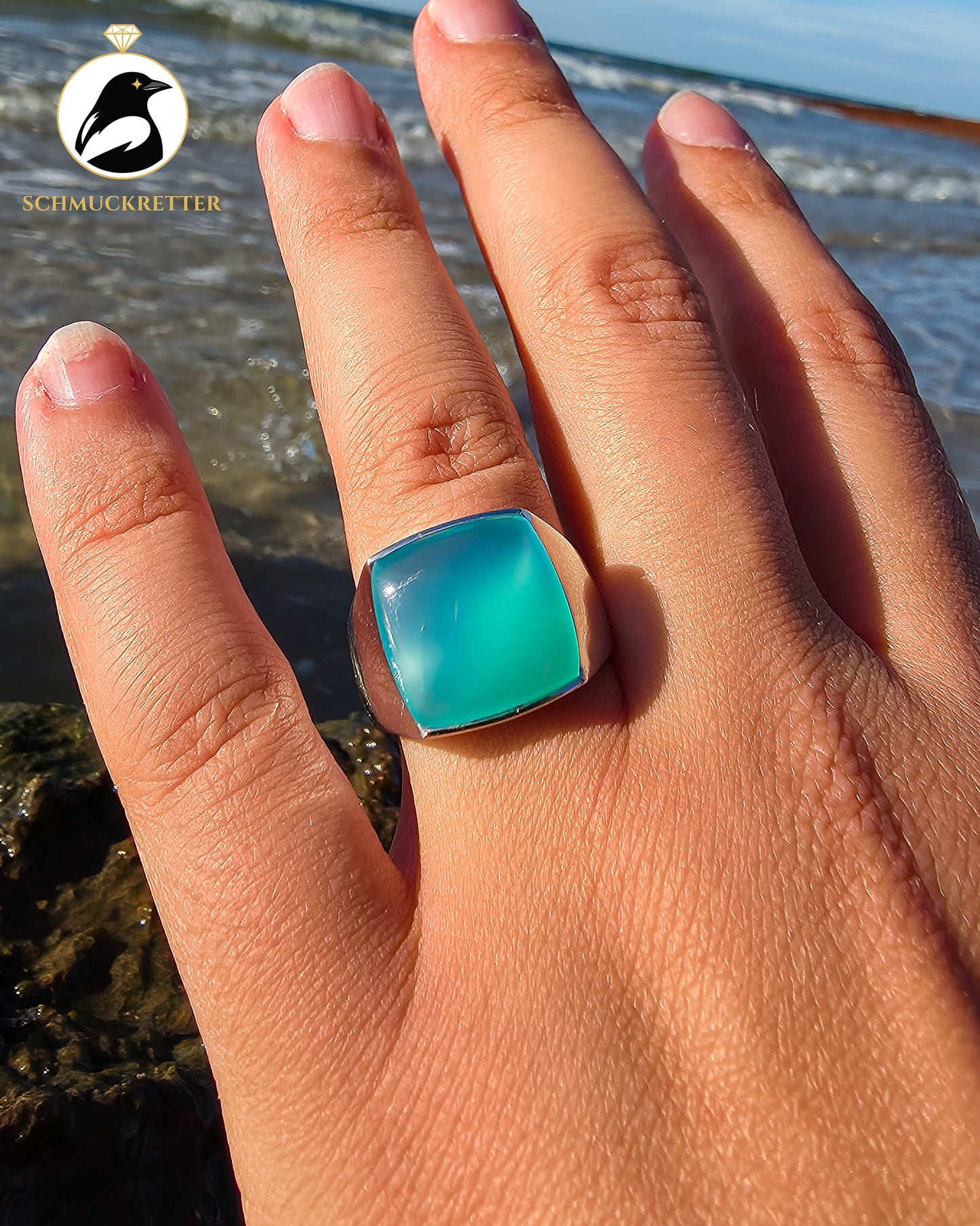 Aqua Chalcedon-Ring aus 925 Silber | La Luna Design, Gr. 57