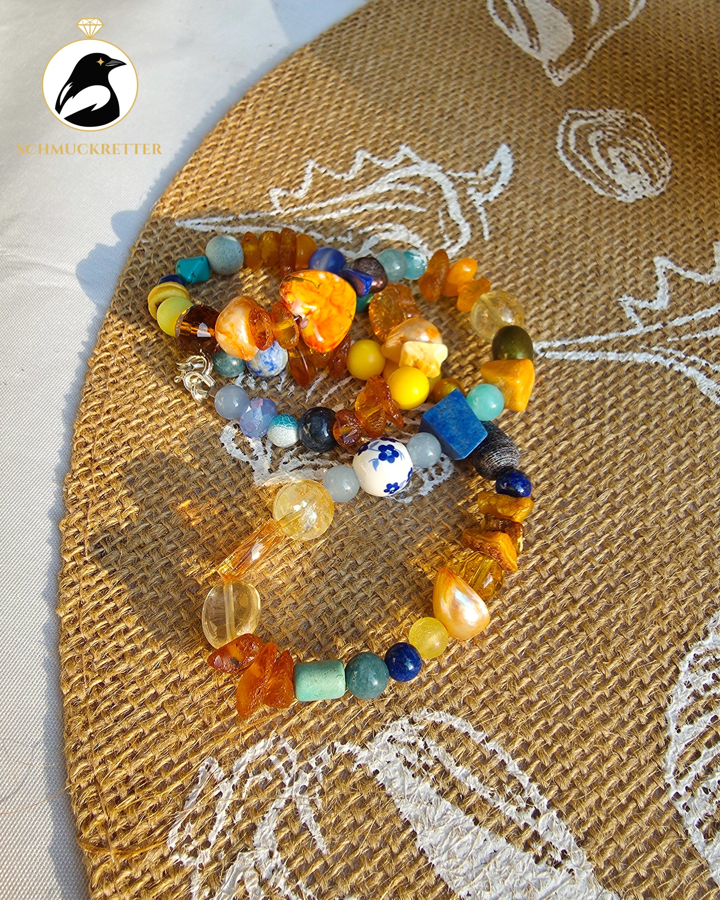 Sonnenfänger: Kette mit Bernstein, Citrin, Lapislazuli & 925 Silber Verschluss