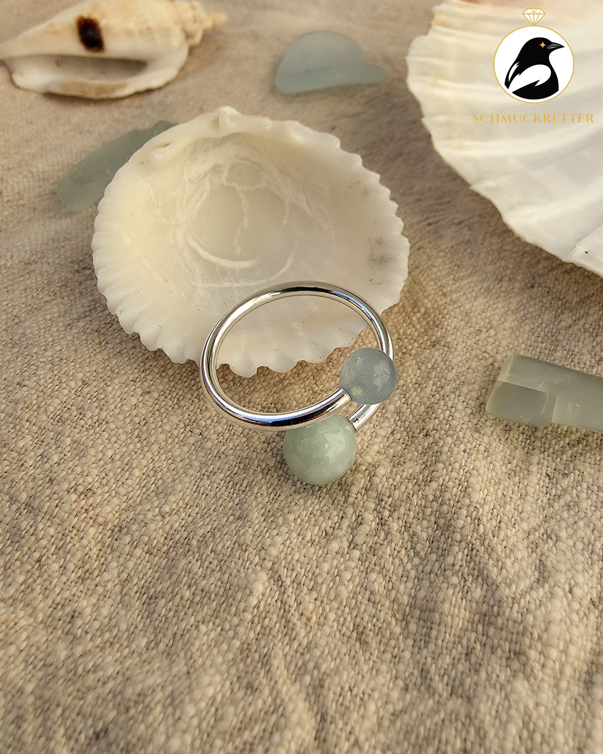 Double Trouble | Offener Kugelring mit Aquamarin & Jade aus 925 Silber, Gr. 56/57