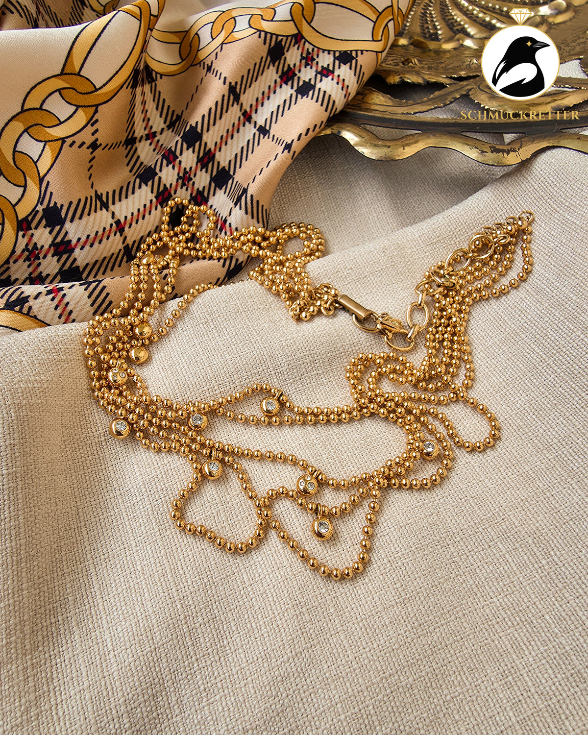 Mehrreihiges Swarovski Collier – vergoldet mit Zirkonia und Kugelkette, Vintage