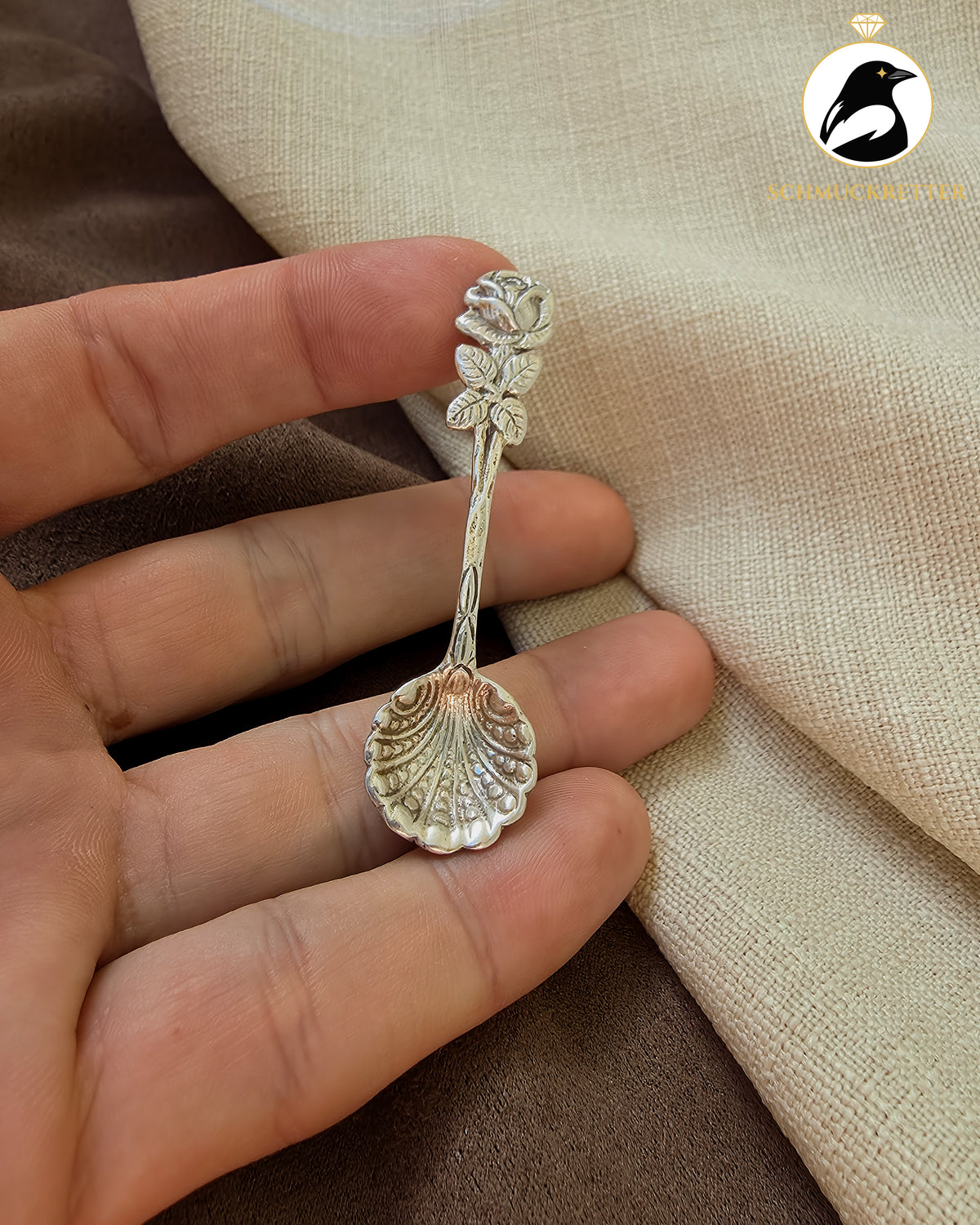 Vintage Rosenlöffel aus 800er Silber – Kleiner Schmucklöffel mit Muschelschale 🌹