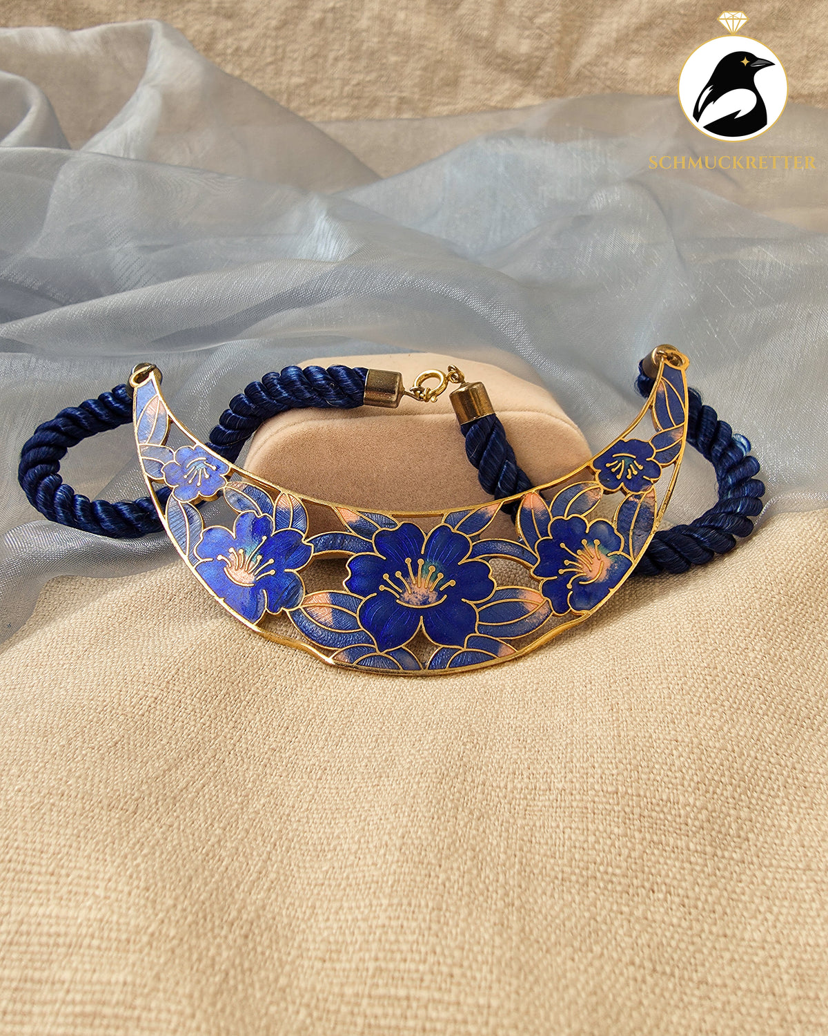 Vintage-Schmuckset mit blauem Blütenemail im Cloisonné-Stil – vergoldet
