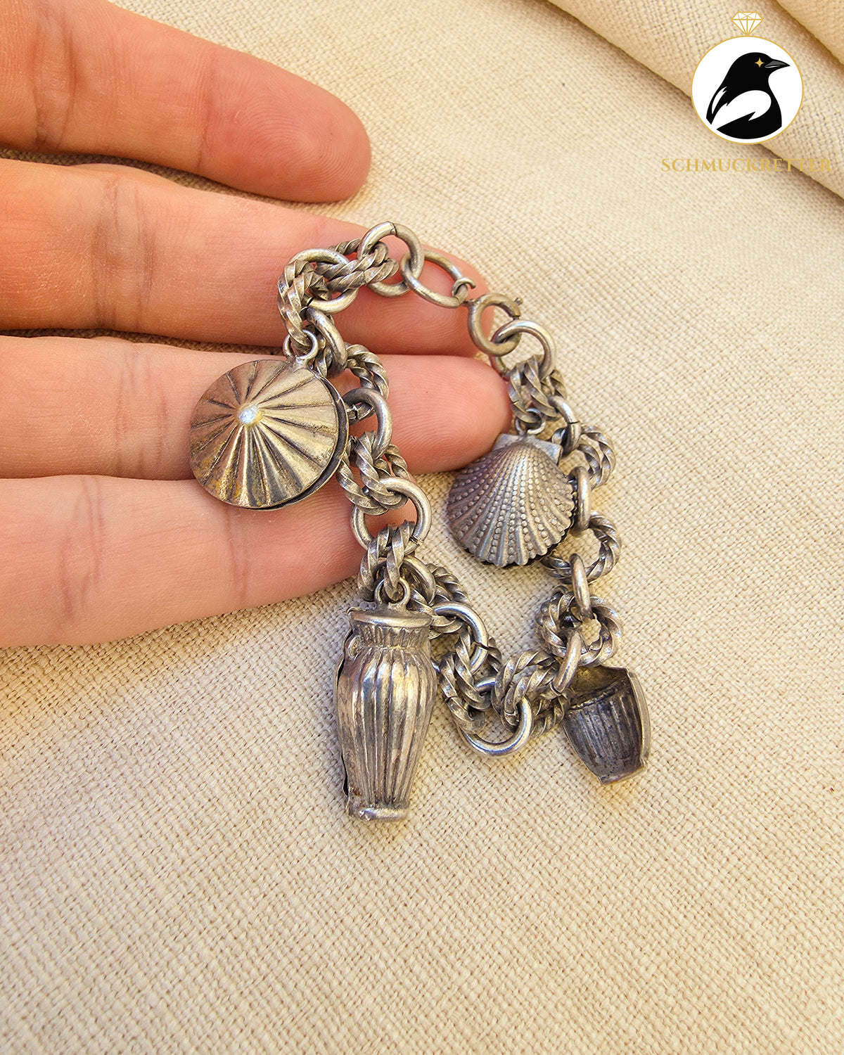 Vintage Bettelarmband versilbert - maritime Anhänger mit Muschelmotiven