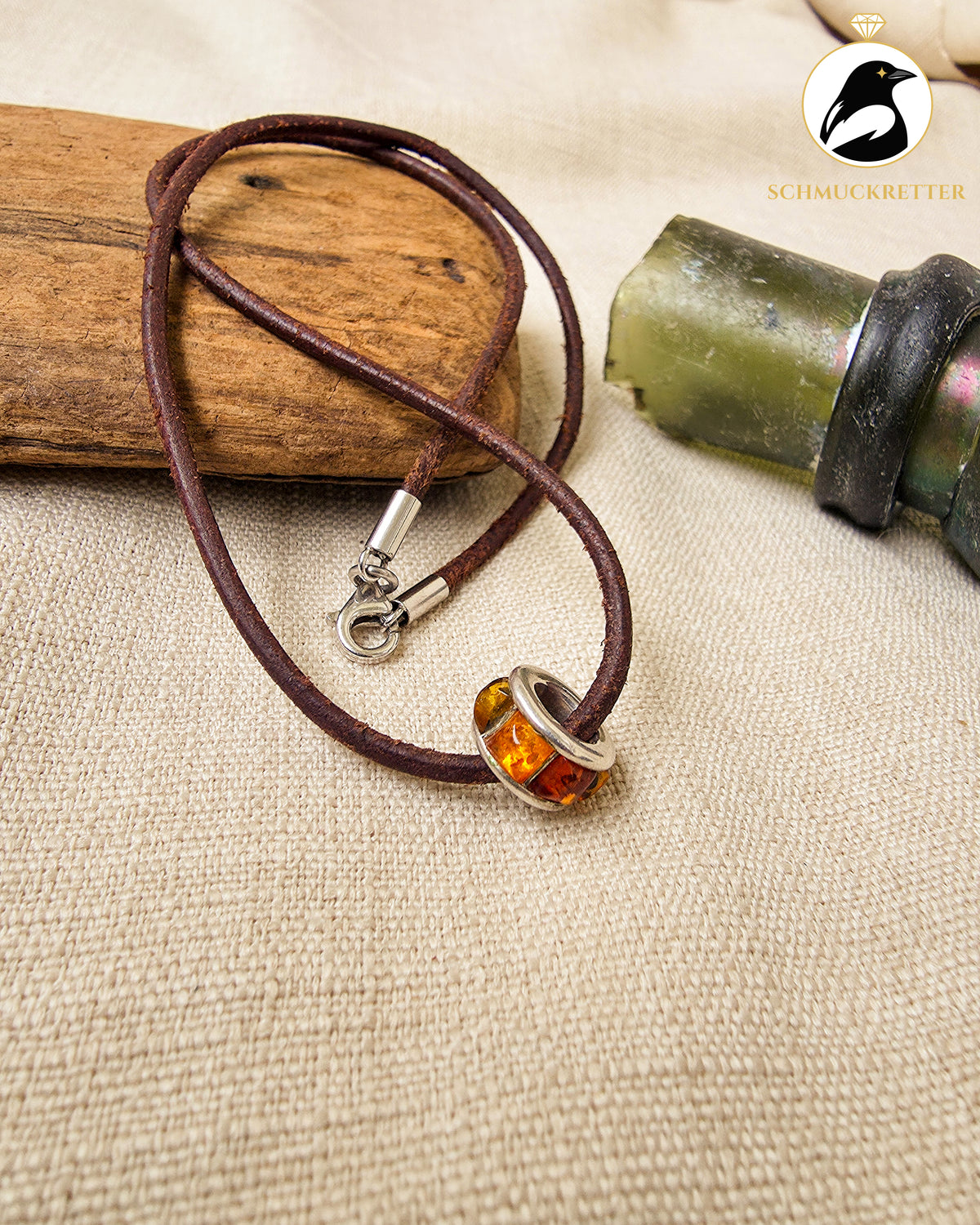 Braune Lederkette mit Bernstein-Charm │925 Silber