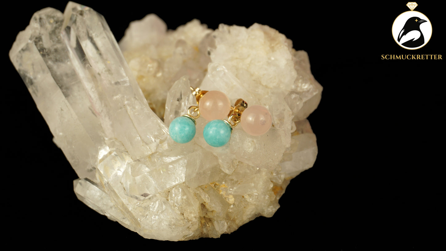 585 Gold Ohrringe mit Amazonit & Rosenquarz