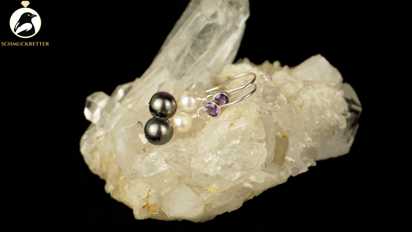 Ohrringe mit 925 Silber Amethyst-Brisur, echten Tahitiperlen, Akoya Perlen