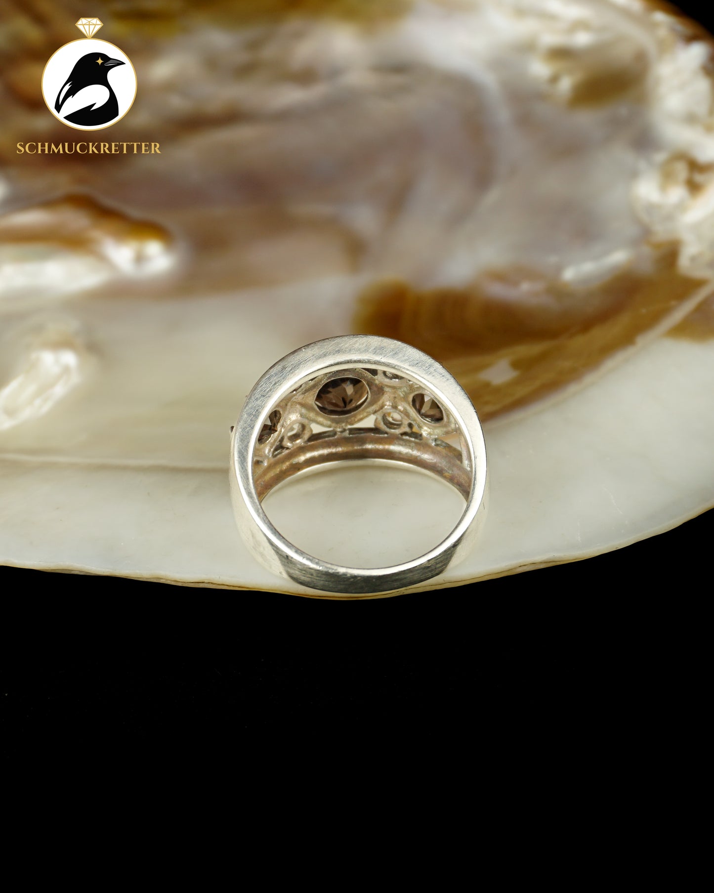 Breiter 925 Silber Ring mit Rauchquarz und Zirkonia, Gr. 60