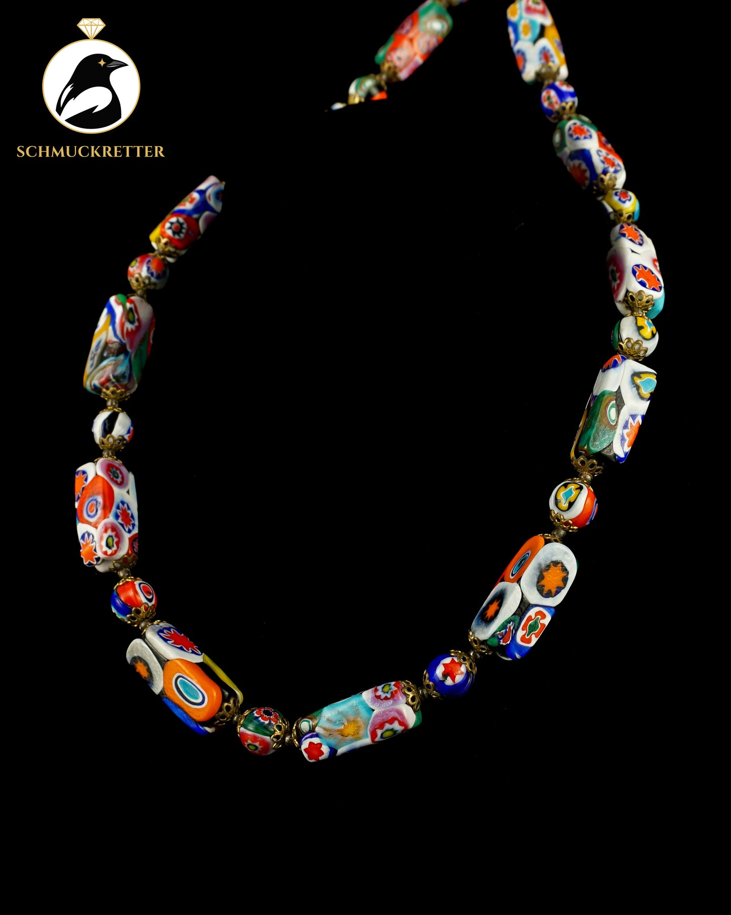 Vintage Millefiori-Muranoglas-Kette mit floralen Glasperlen (weiß)