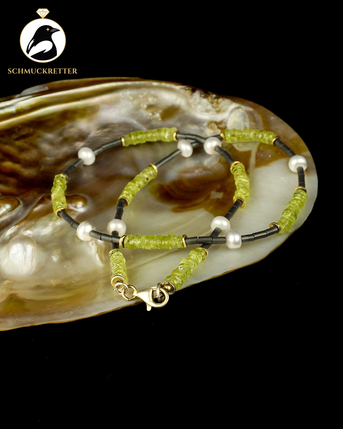 Kette mit Perlen, Peridot und mattem Hämatit, 925 Silber Verschluss
