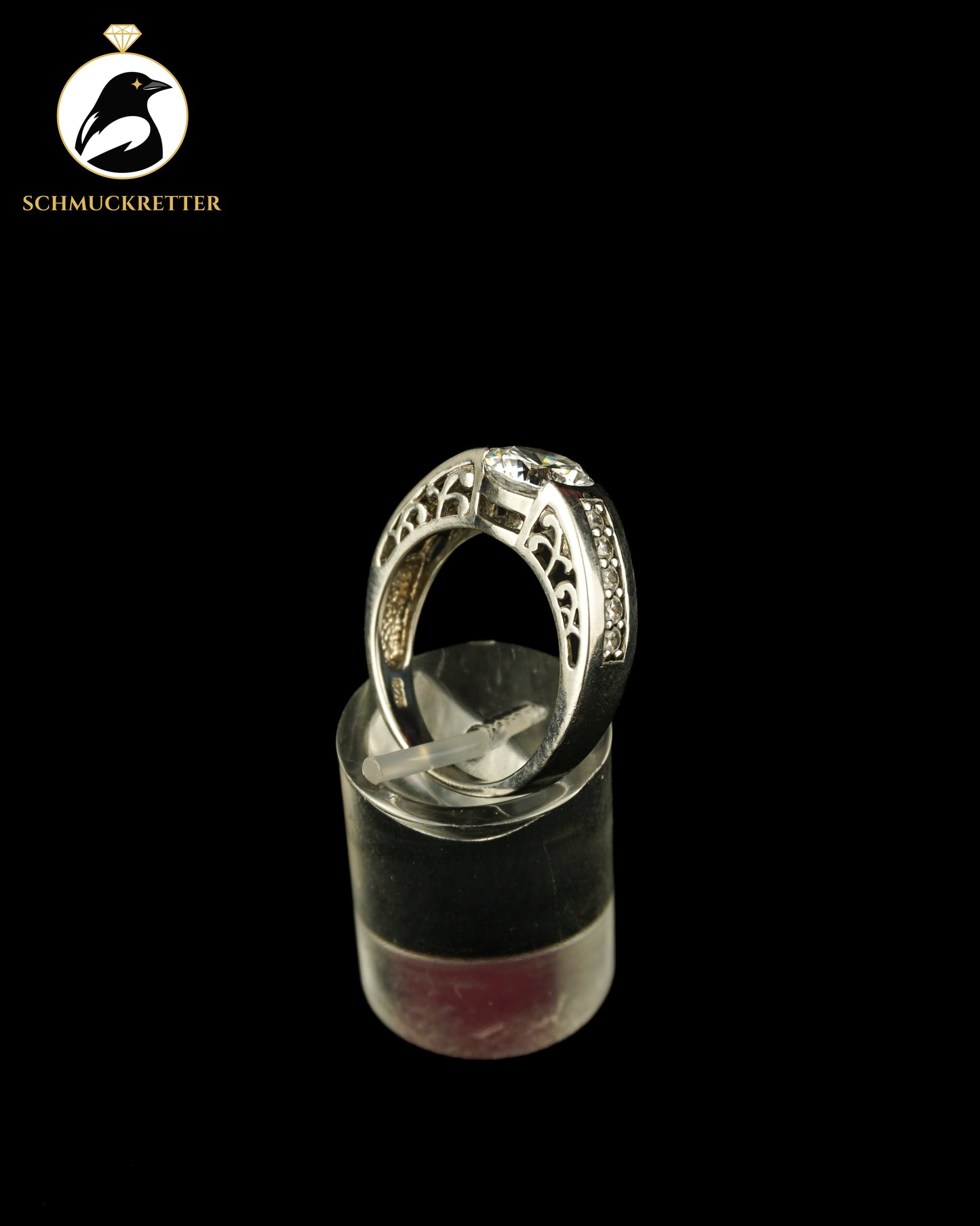 925 Silber Diamonique Solitärring mit Zierdekor, Gr. 57