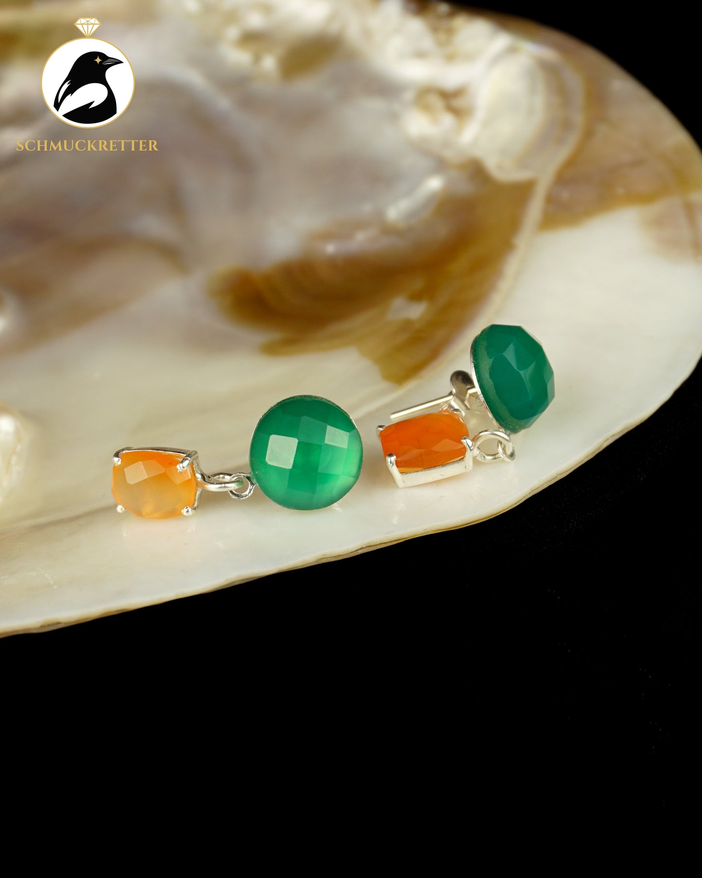 Orangenhain — Ohrringe mit Karneol und grünem Onyx, 925 Silber