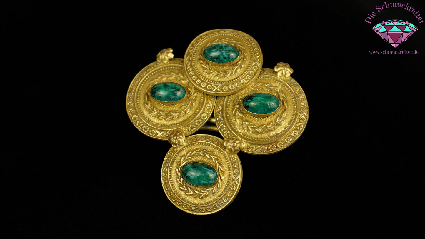 Originale Jugendstil Gewandspange / Fibel aus Messing mit grünen Schmucksteinen, um 1900, SALE