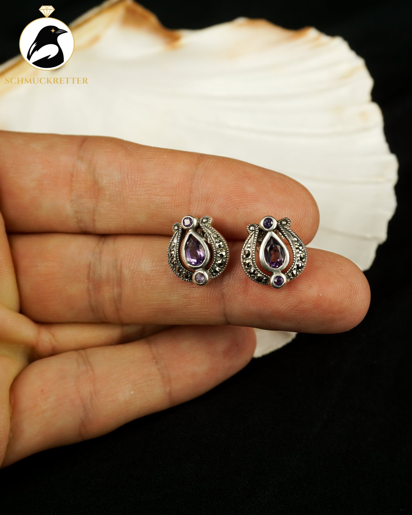 Amethyst Ohrstecker mit Markasiten - gefasst in 925 Silber