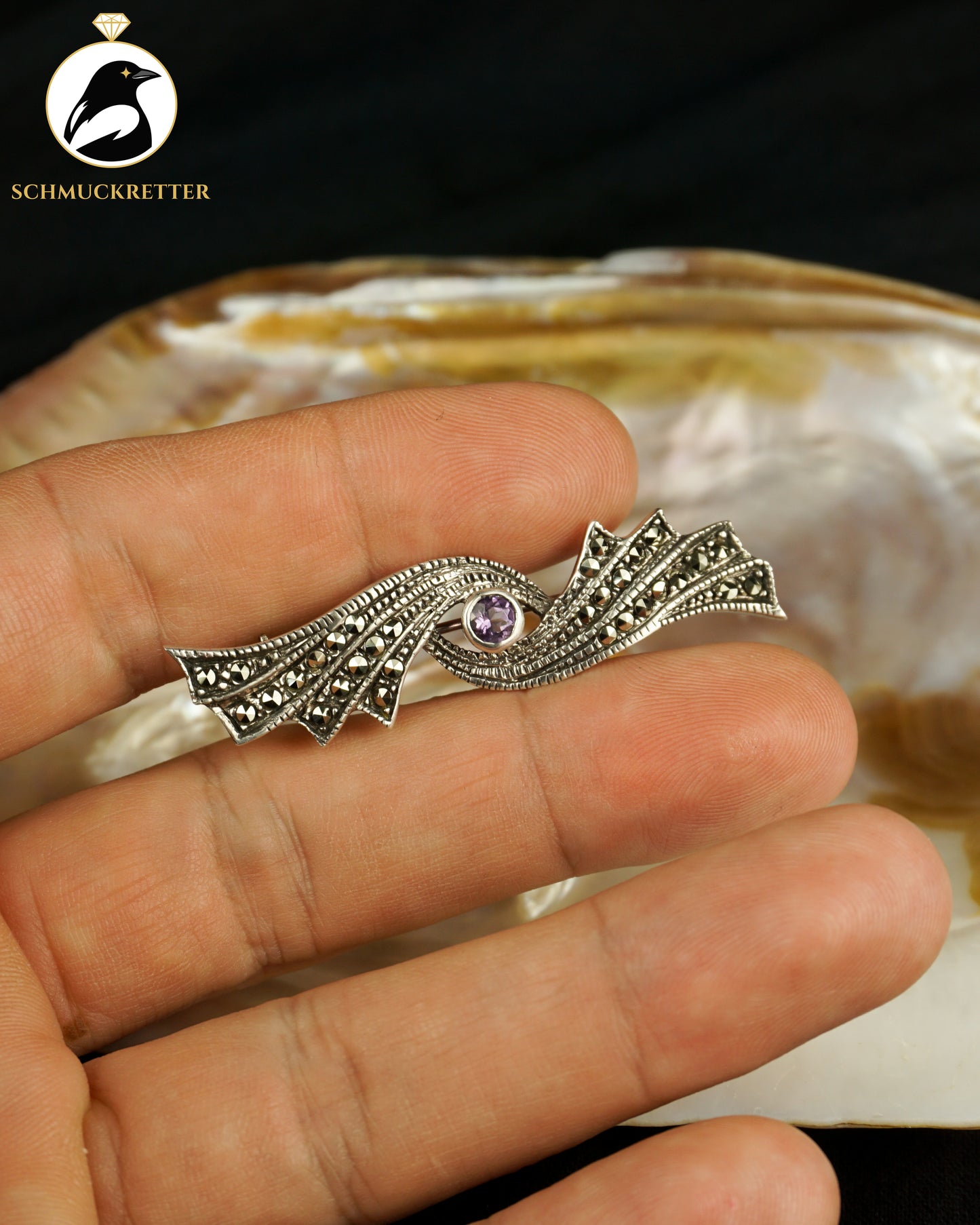 Brosche aus 925 Silber mit Amethyst und Markasiten