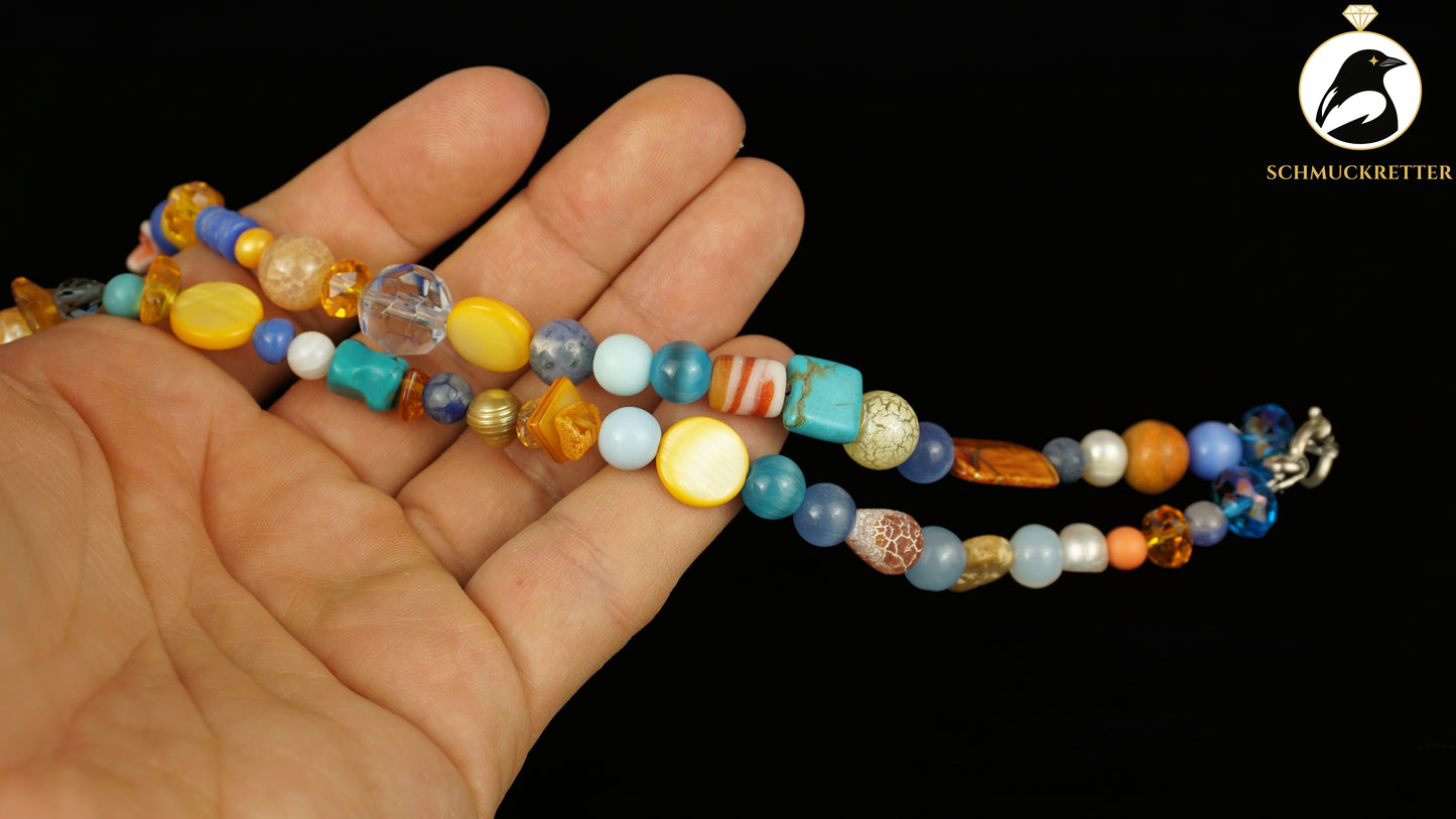 Kette Sommerurlaub - Bernstein, Perlen, blauer Achat & 925 Silber Verschluss