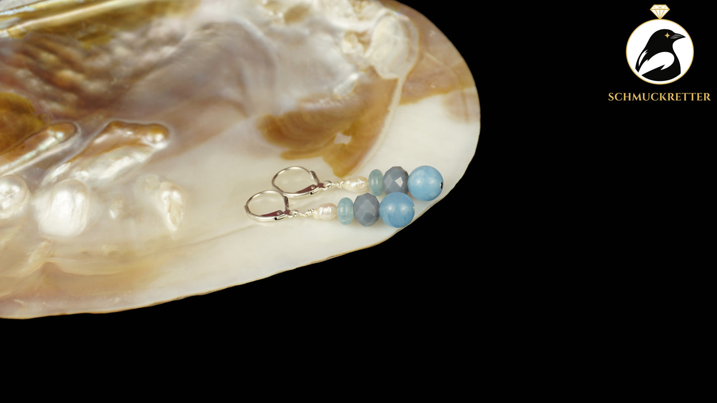 Perlenohrringe mit blauem Achat & Beryll aus 925 Silber