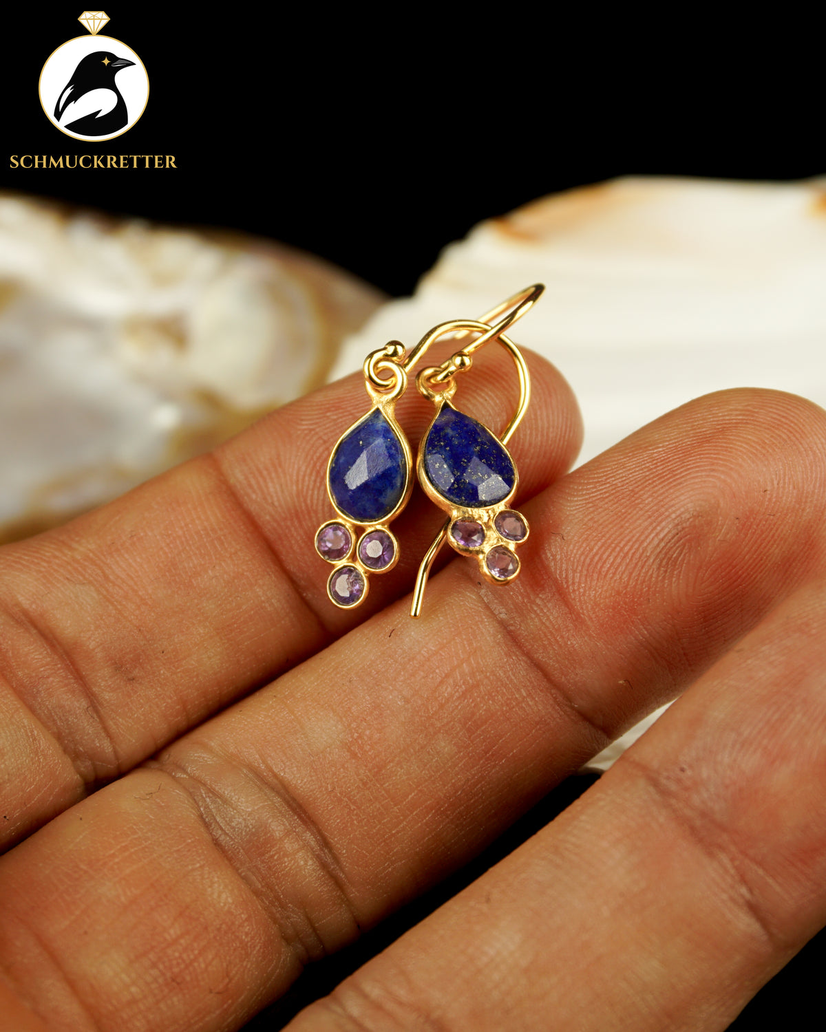 Vergoldete Tropfenohrringe mit Lapislazuli & Amethyst | 925 Silber Brisur
