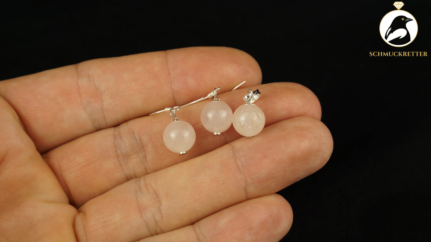 Rosenquarz Set - 925 Silber - Anhänger + Ohrringe