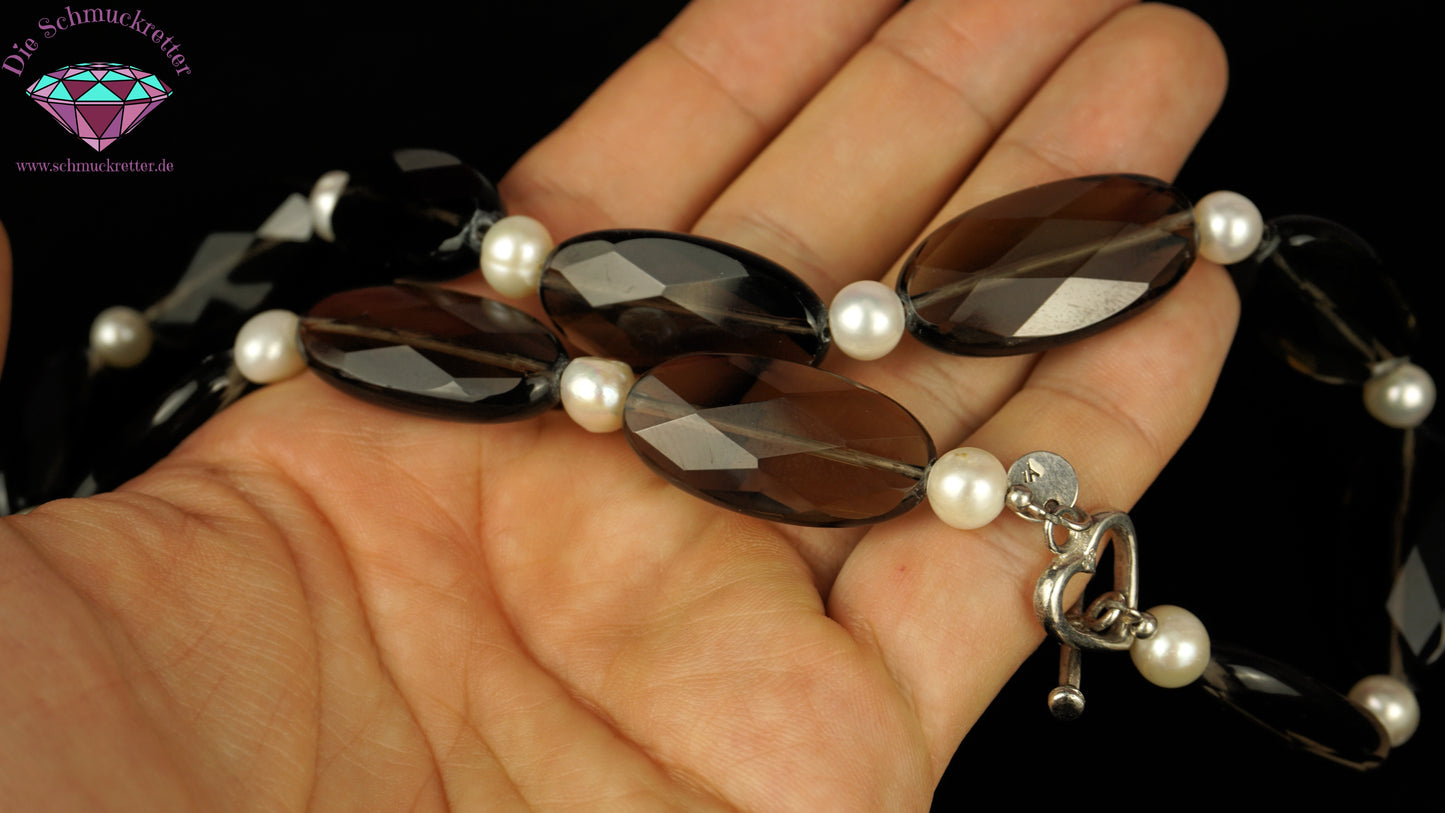 Kette mit Rauchquarz & Süßwasserperlen - 925 Silber Herzverschluss