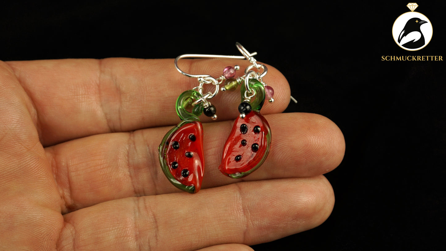 Verspielte Wassermelonen-Ohrringe aus 925 Silber mit kleinen Turmalinen 🍉