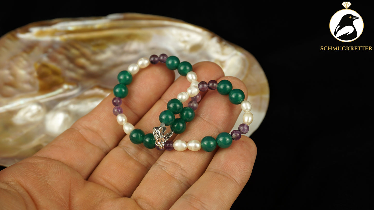 Armband aus grünem Achat, Amethyst & Süßwasserperlen - Edelstahl