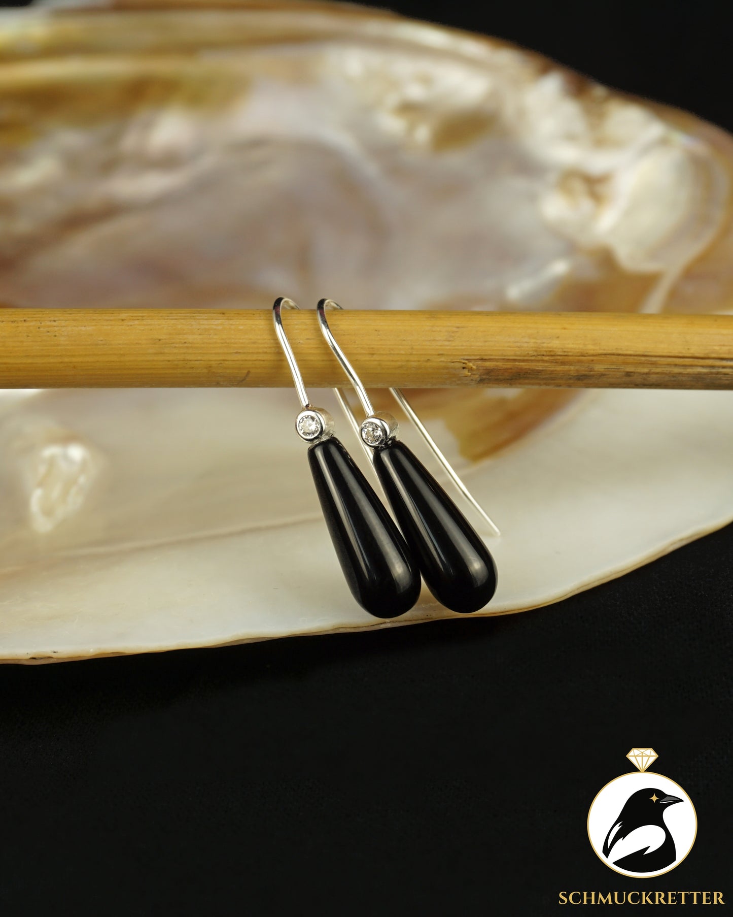 Schwarze Onyx Ohrringe mit Zirkonia - 925 Silber