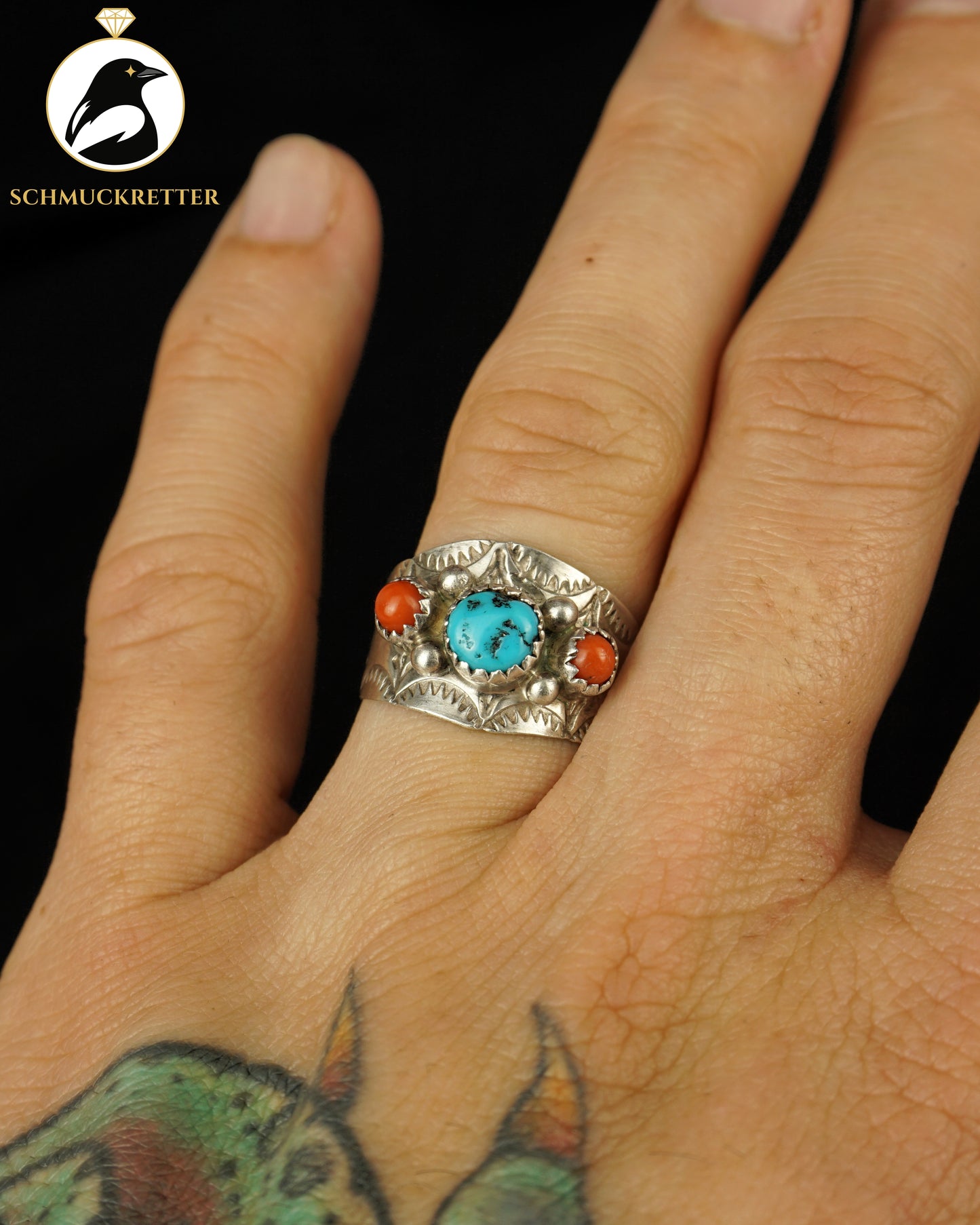 Navajo Ring aus 925 Silber mit Türkis und Koralle, handgearbeitet, 56