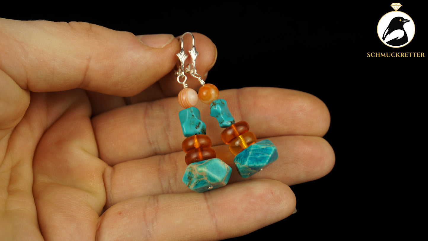 Ohrringe 'Ostseeabend' aus 925 Silber - mit Achat, Bernstein und Türkis-Howlith