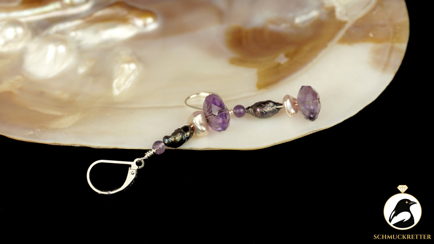 Ohrringe 'Lavender Moonlight' aus 925 Silber - mit Perlen & Amethyst
