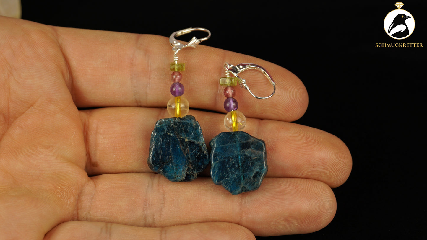 Ohrringe 'Tiefseetanz' aus 925 Silber - mit Apatit, Rutilquarz, Peridot, Turmalin, Amethyst