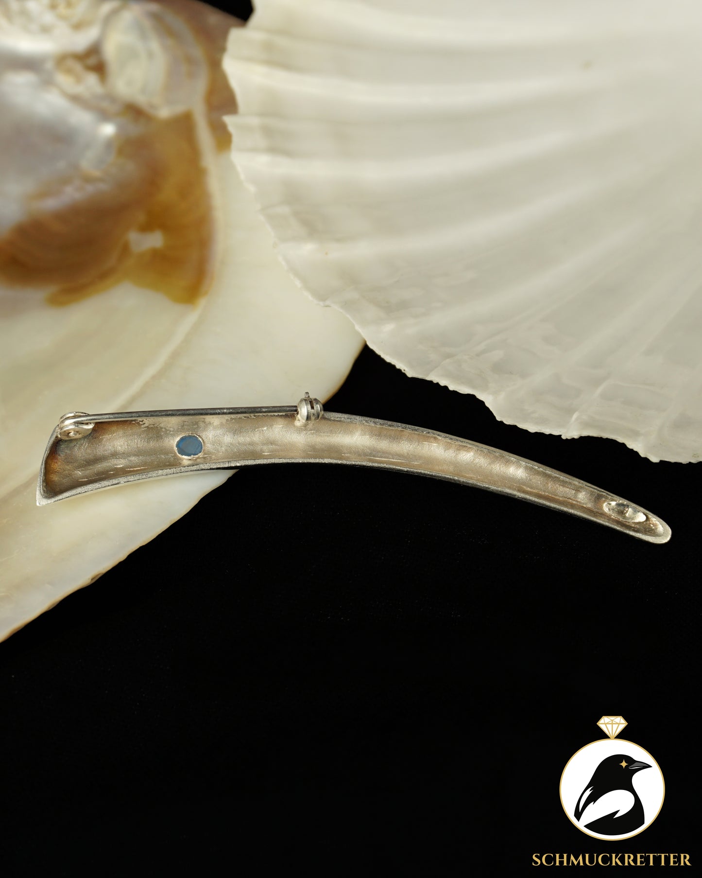 Lange 925 Silber Brosche mit blauem Chalcedon