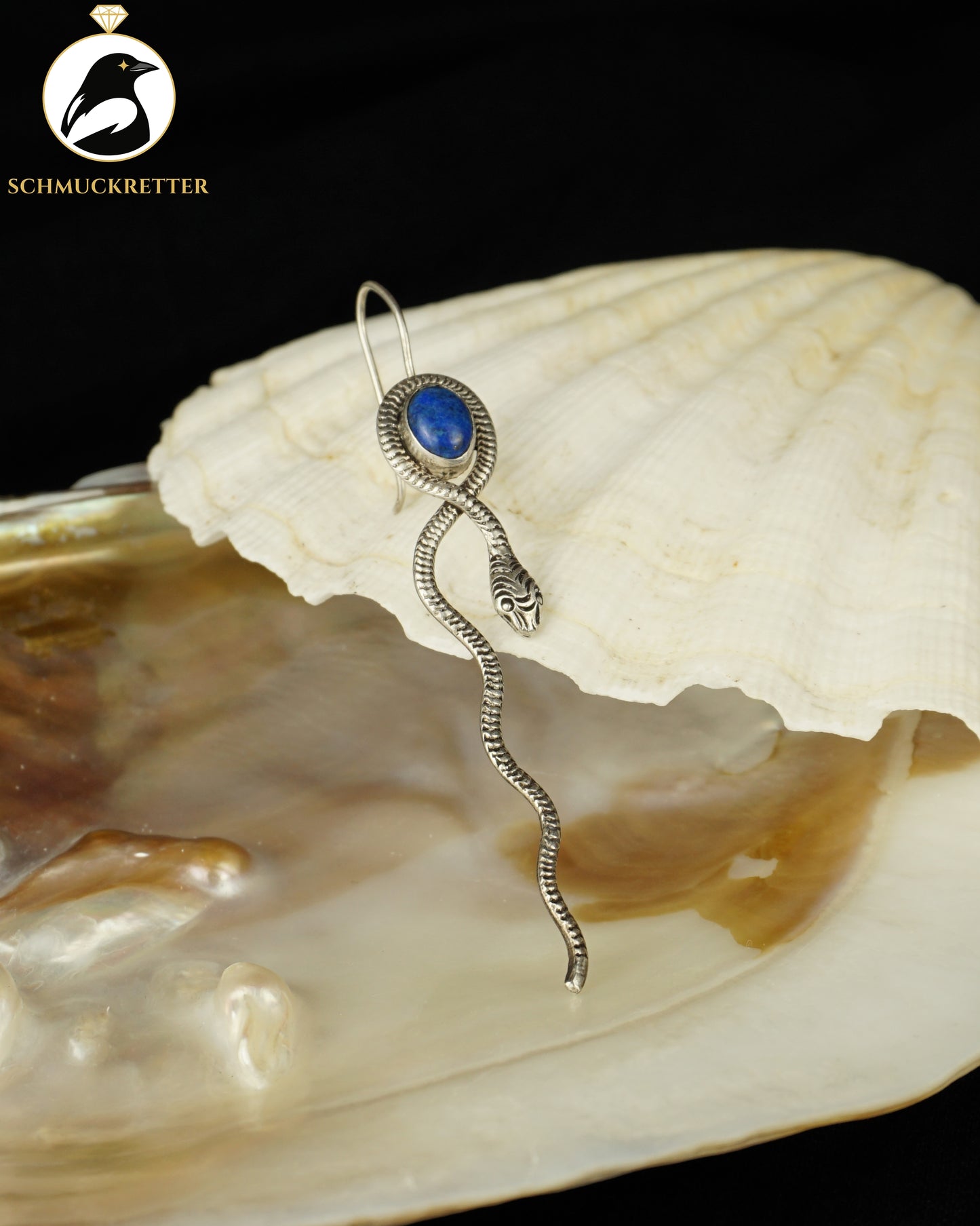 Langer Schlangen-Ohrring aus 925 Silber mit Lapislazuli