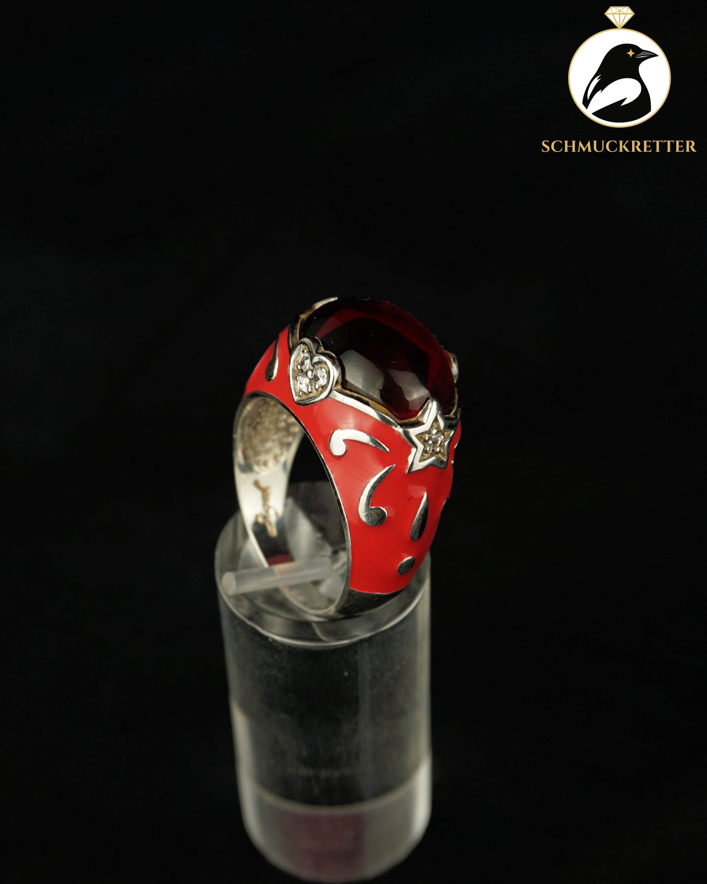 David Sigal: Ring aus 925 Silber mit rotem Stein & Emaille, Gr. 60