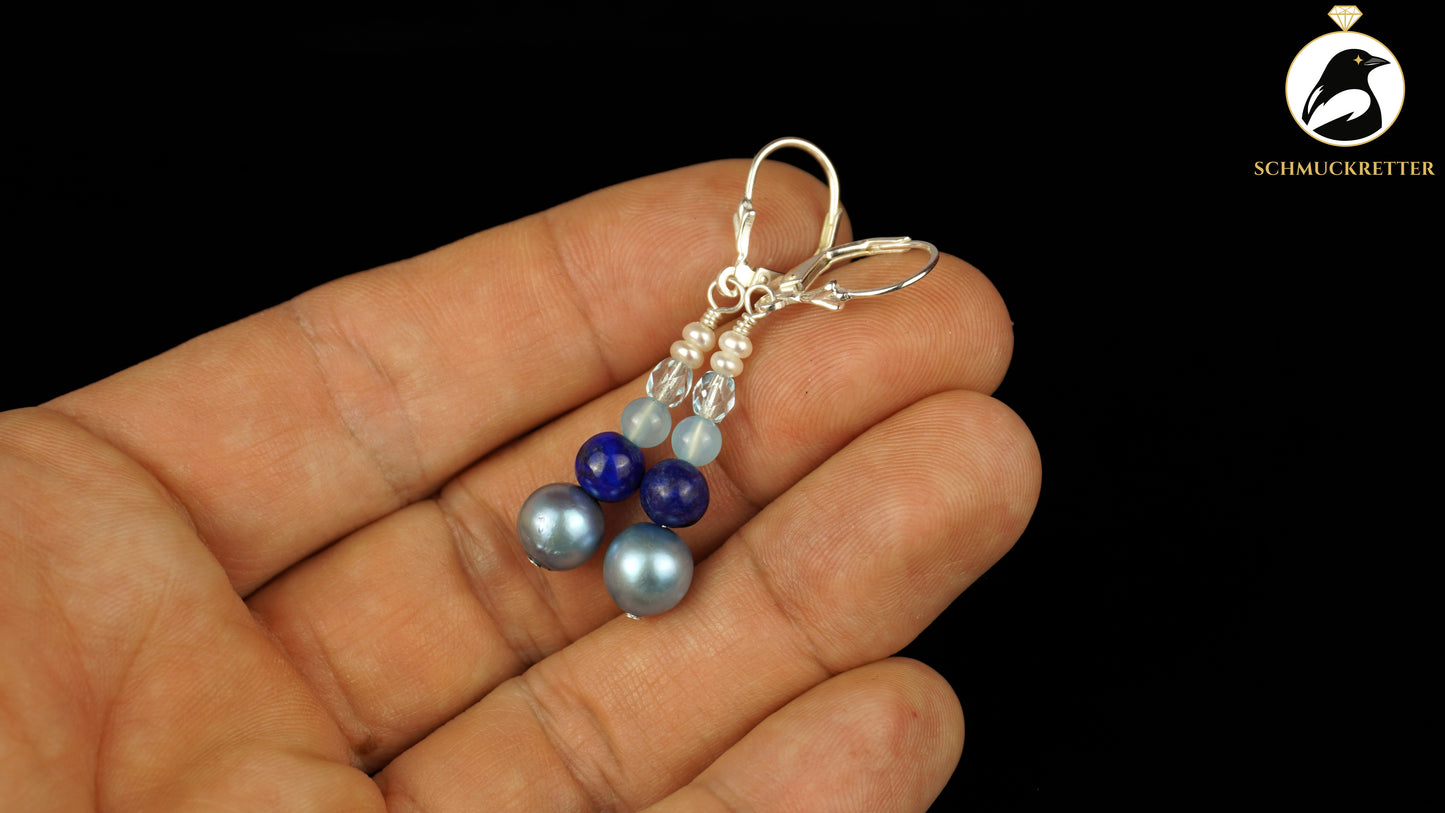 Ohrringe 'Wintersee' aus 925 Silber - mit Perlen, Lapislazuli, Beryll