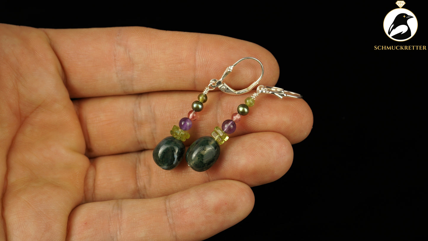 Ohrringe 'Moosmagie' aus 925 Silber - mit Moosachat, Peridot, Turmalin, Amethyst
