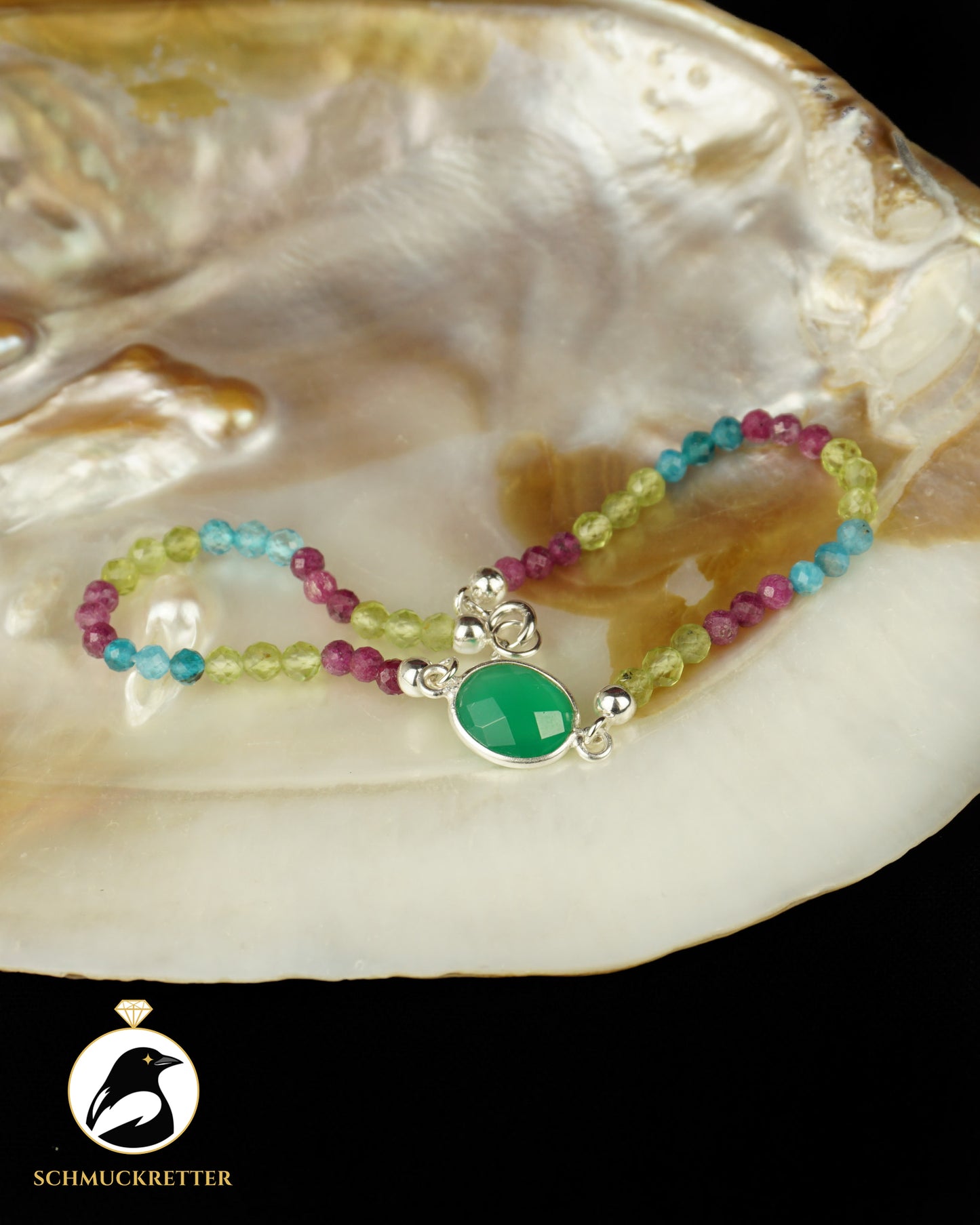 Armband | Pantherchamäleon | Grüner Achat, Peridot, Topas, Apatit & Rubin