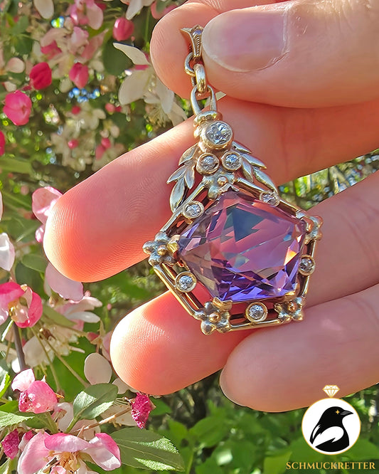 Anhänger aus 585 Gelbgold mit Amethyst & Diamanten - Vintage Goldschmiedearbeit