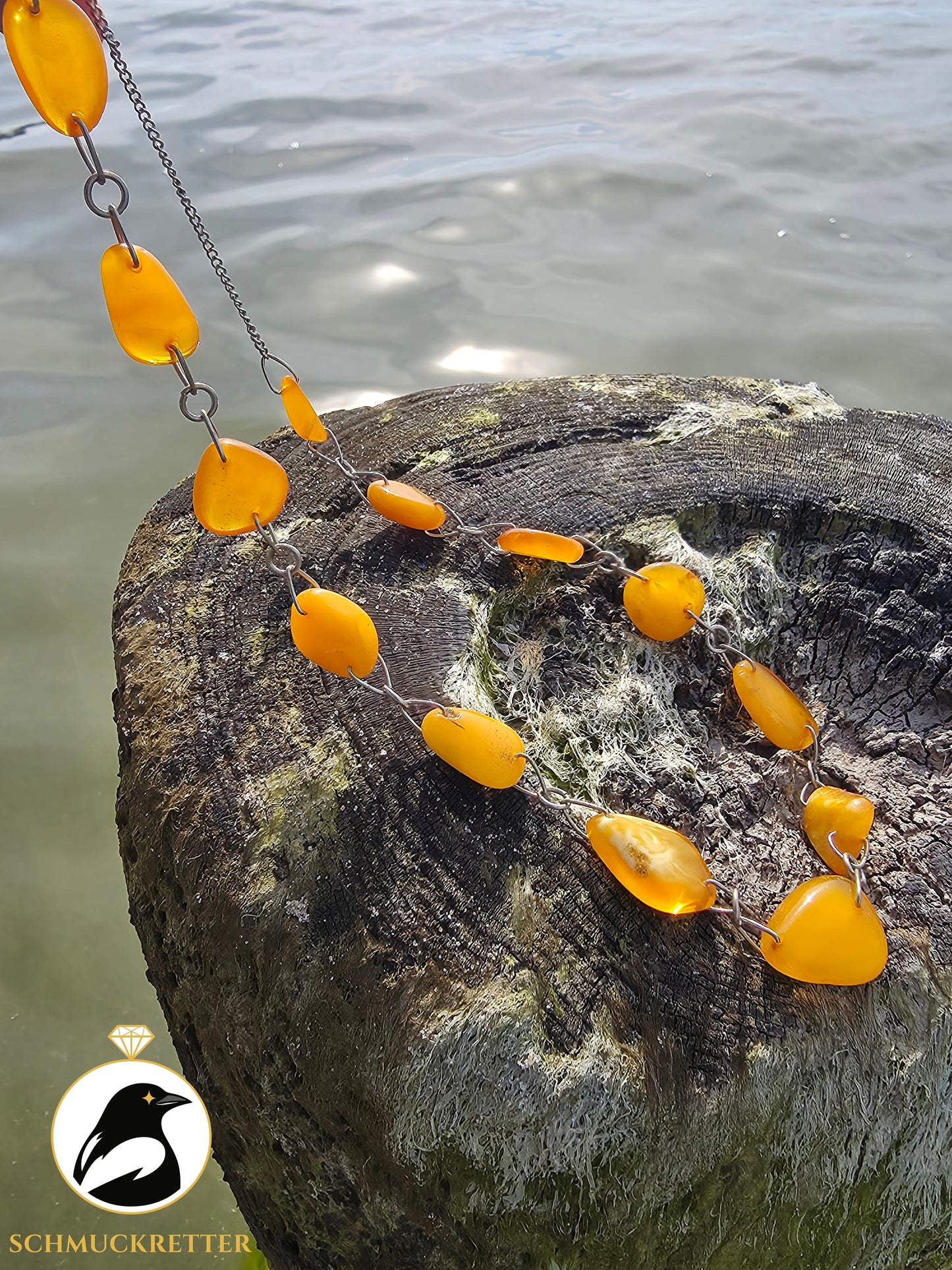 Versilberte Kette mit Butterscotch Bernsteinen, Vintage, SALE