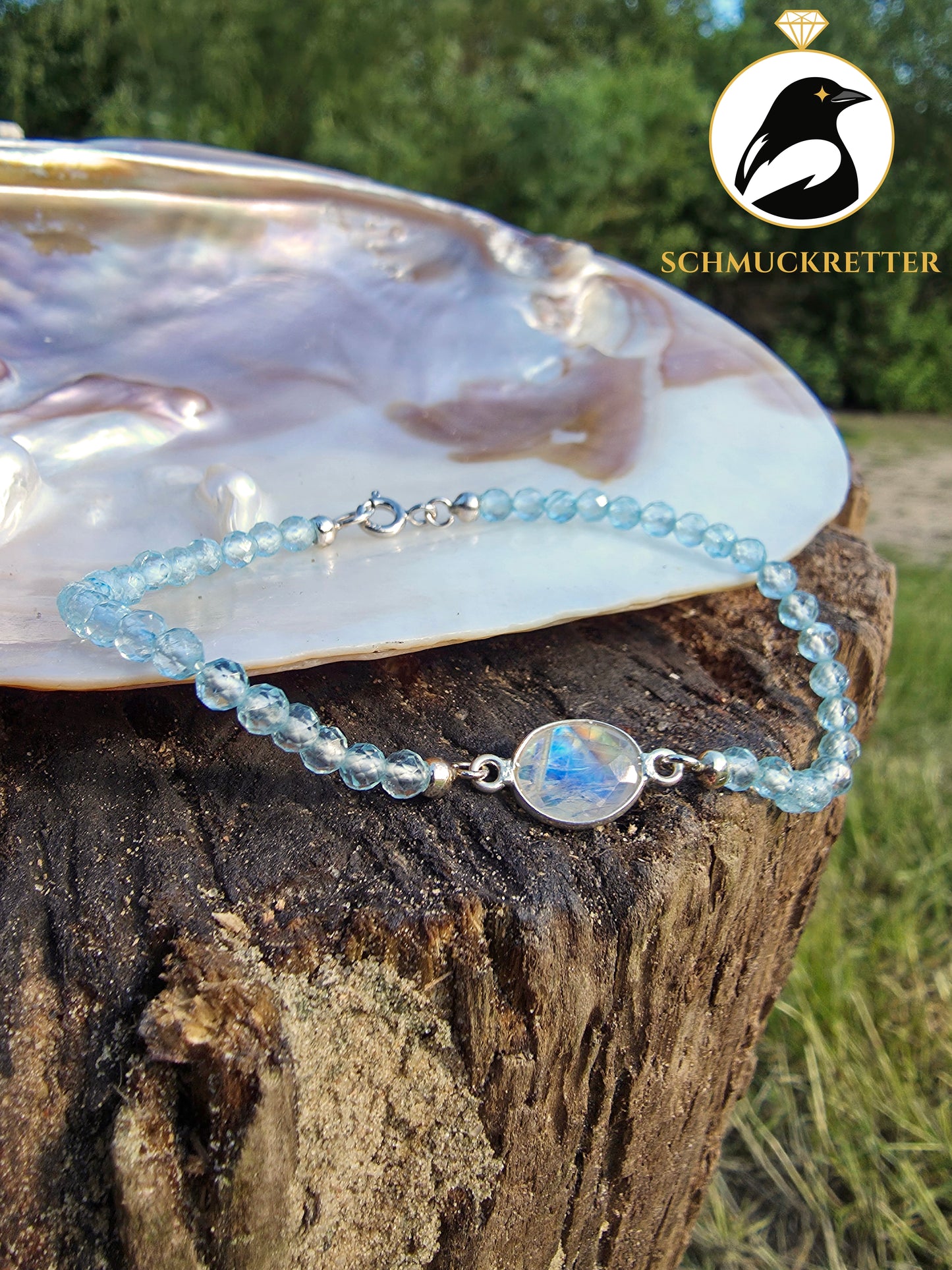 Facettiertes Blautopas-Armband mit Mondstein - gefasst in 925 Silber