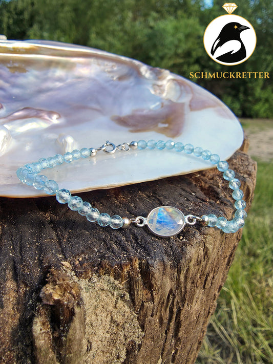 Facettiertes Blautopas-Armband mit Mondstein - gefasst in 925 Silber