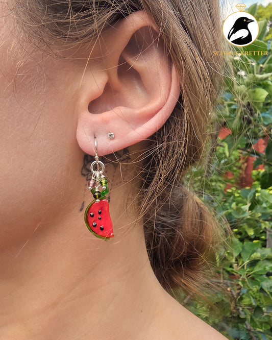 Verspielte Wassermelonen-Ohrringe aus 925 Silber mit kleinen Turmalinen 🍉