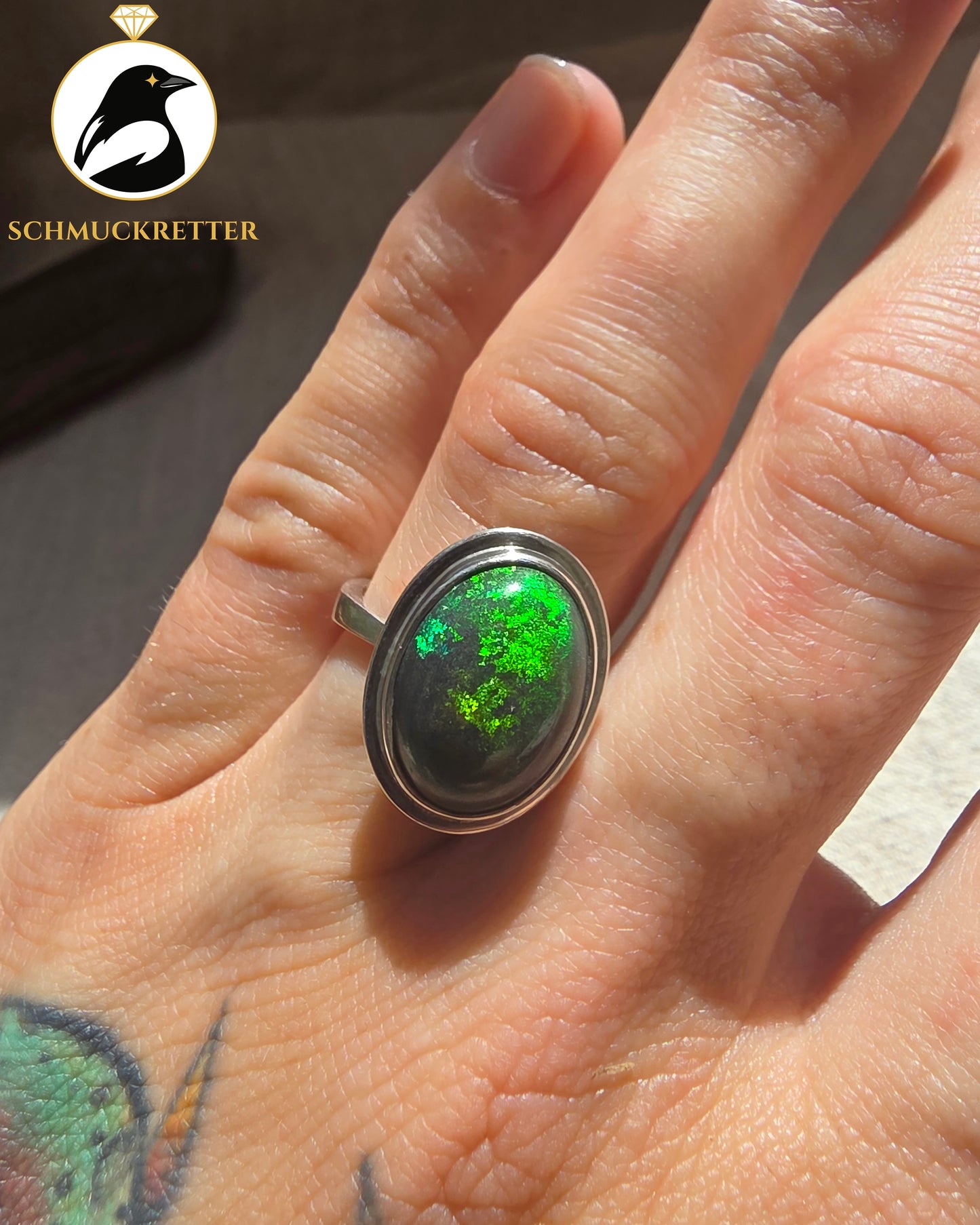 Handgearbeiteter Dark-Opal-Ring aus 925 Silber, Gr. 57