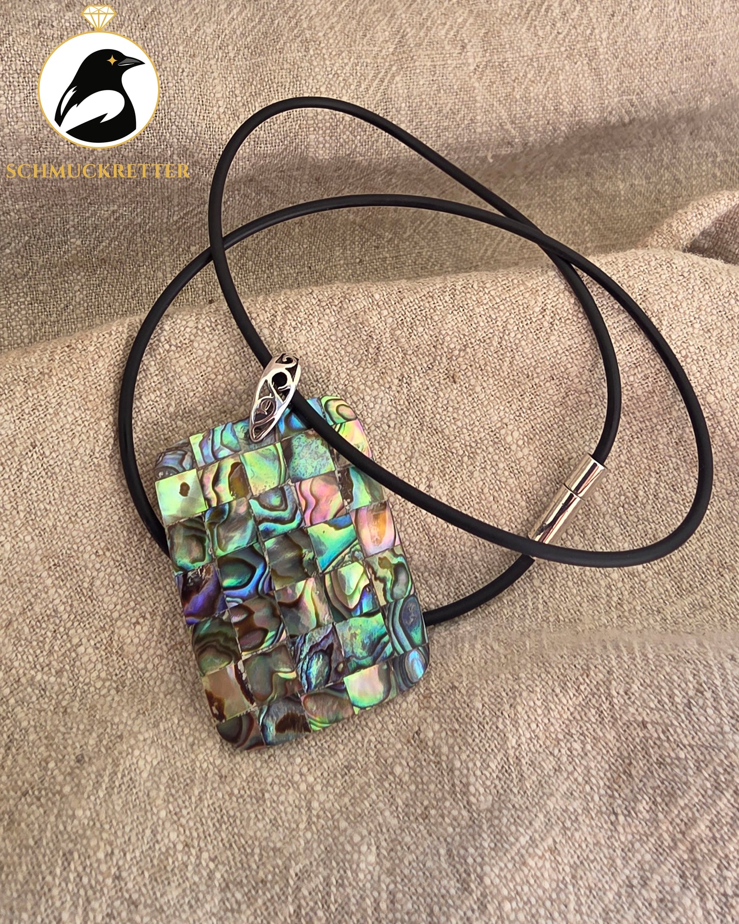 Großer Abalone Perlmutt-Anhänger mit Kautschukkette, 925 Silber