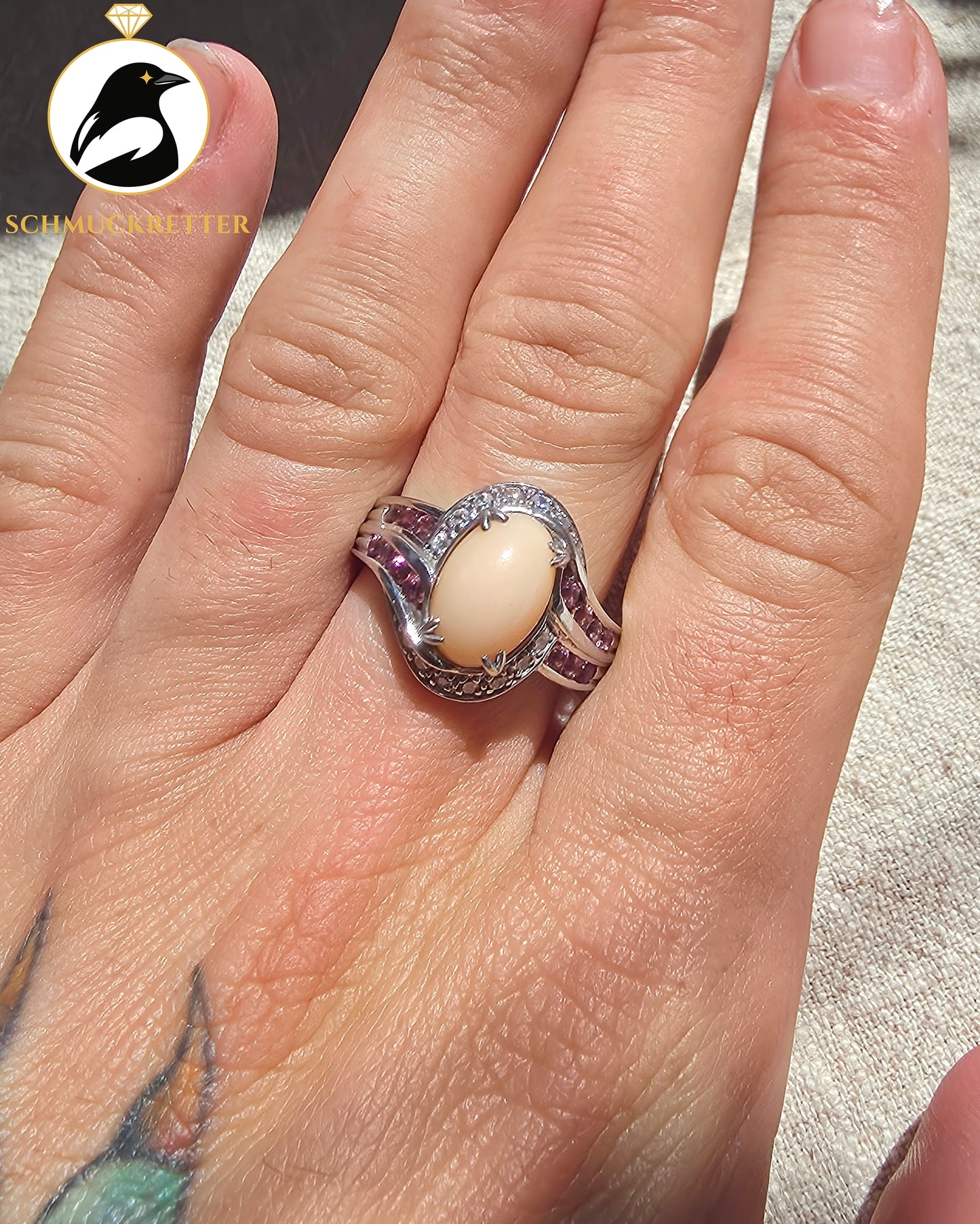 Ring mit Andenopal und rosa Turmalin aus 925 Silber, Gr. 62