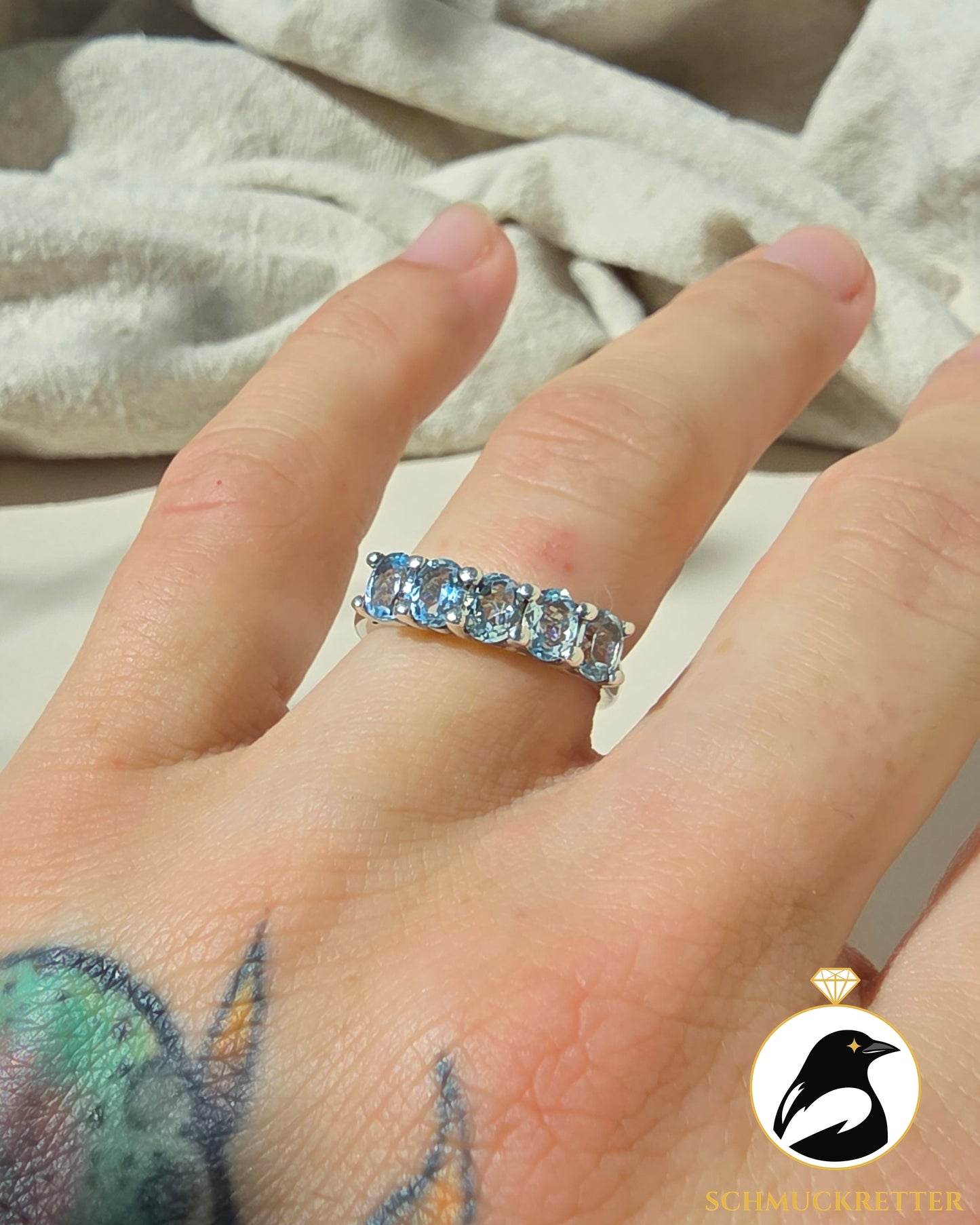 925 Silber Halbmemory Ring mit Blautopas, Gr. 56 & 60