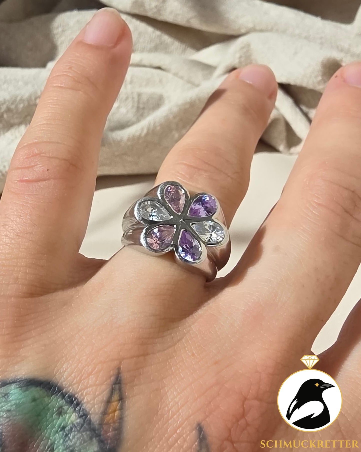 925 Silber Blütenring mit lila & rosafarbenen Zirkonia, Gr. 54