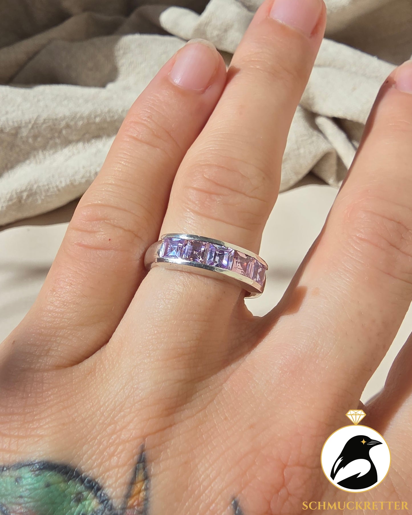 925 Silber Halbmemory Ring mit lila & pinken Zirkonia, Gr. 56
