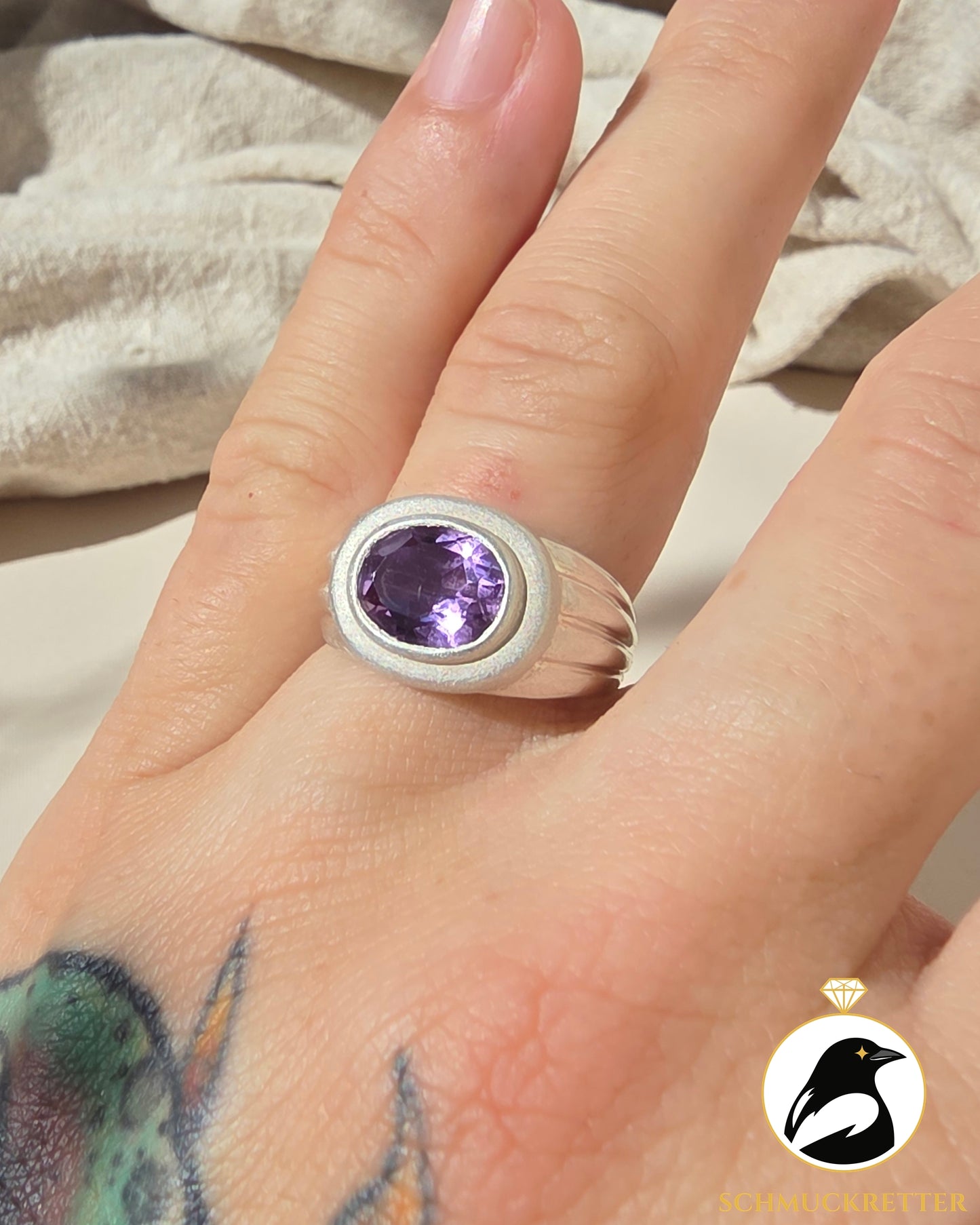 Breiter 925 Silber Ring mit Amethyst, Gr. 57